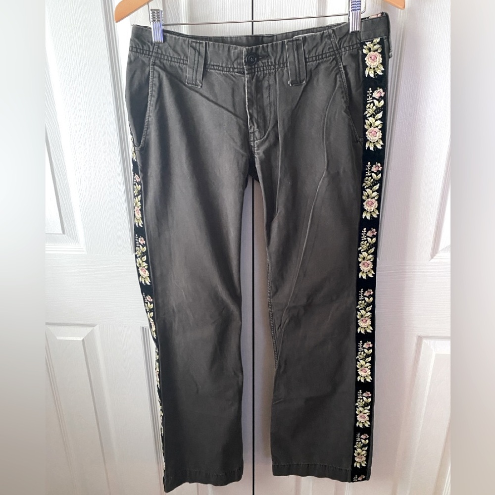 Y2K Lucky Brand Charcoal Embroidered Velvet Stripe Wide Leg Pants SZ 27